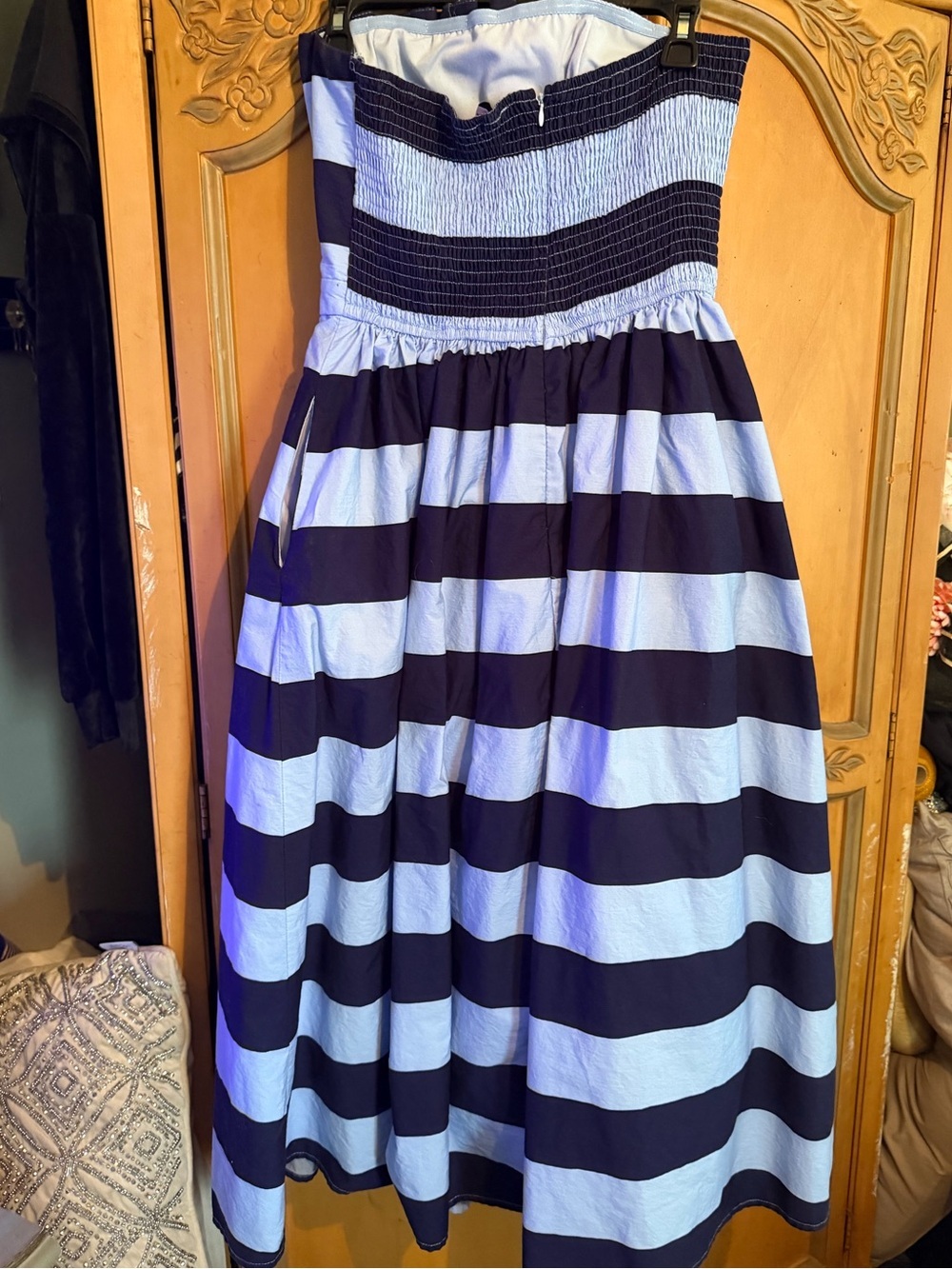 entro Navy and Light Blue Striped Strapless nautical wedding guest Midi Dress - Picture 6 of 11